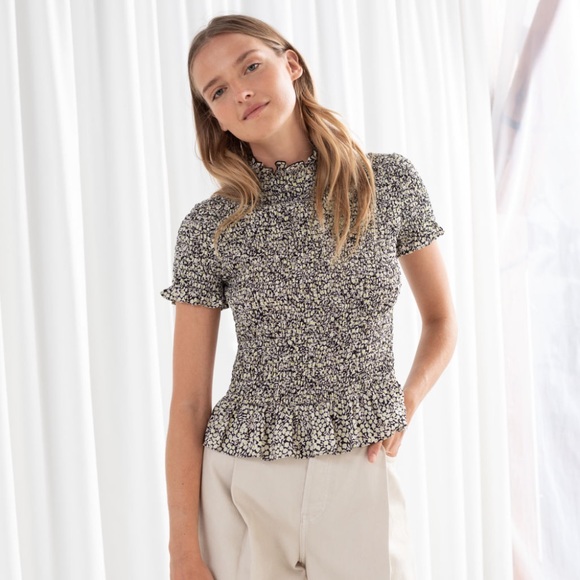 & Other Stories Floral Fitted Smocked Ruffle Top - Picture 1 of 5